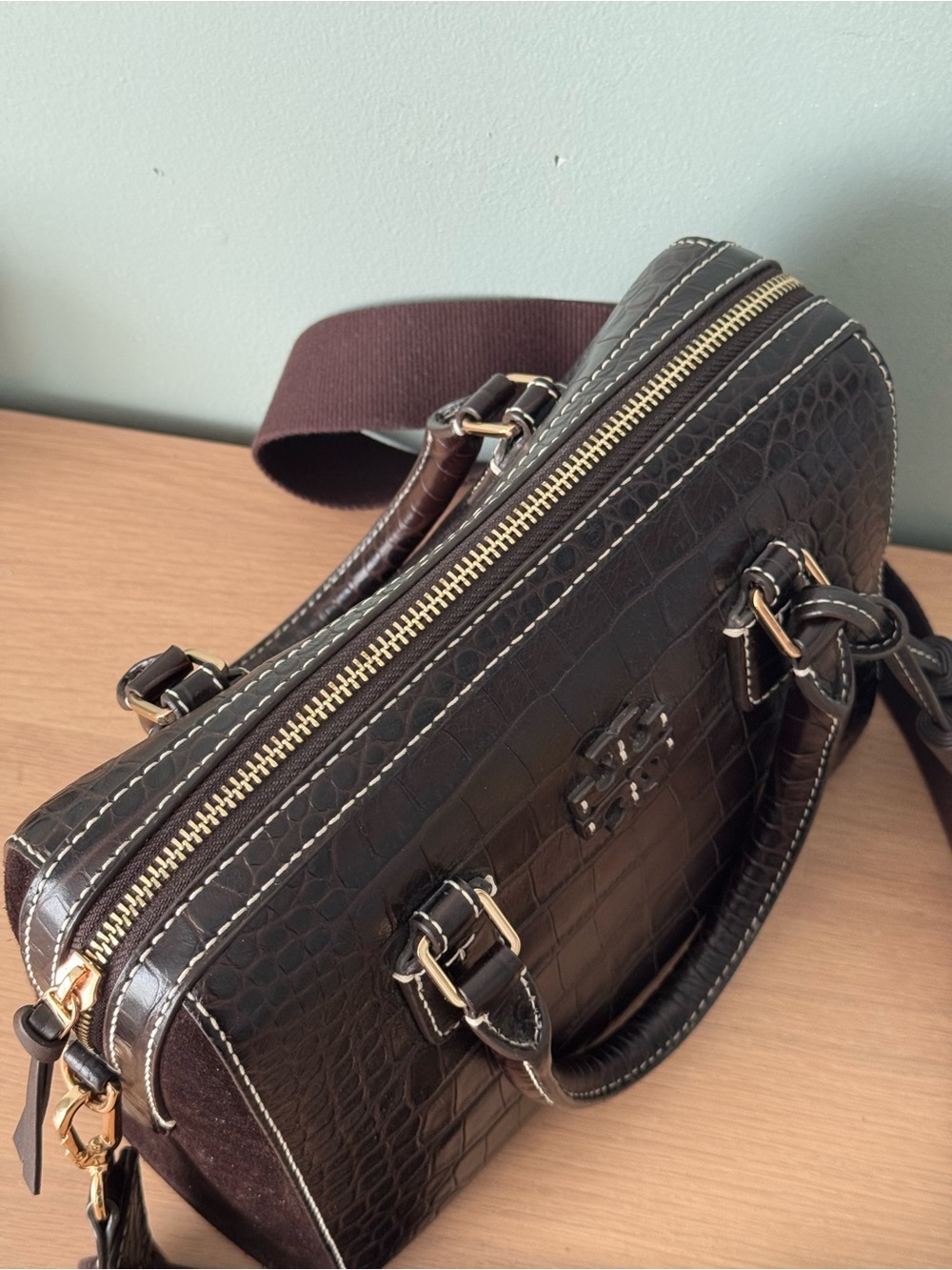Tory Burch Dark Mahogany Thea Crocodile Embossed Web Small Satchel - Picture 7 of 12